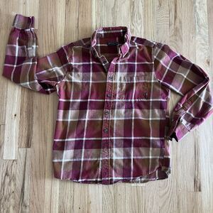 Eddie Bauer Flannel Shirt Small cranberry gold Plaid Long Sleeve buttondown fall